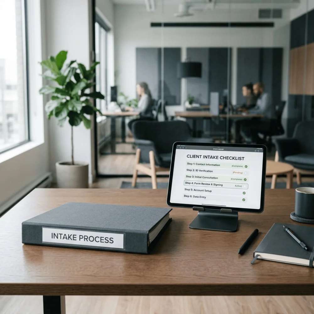 Binder labeled intake process next to a tablet showing a step-by-step checklist on a minimalist office desk.