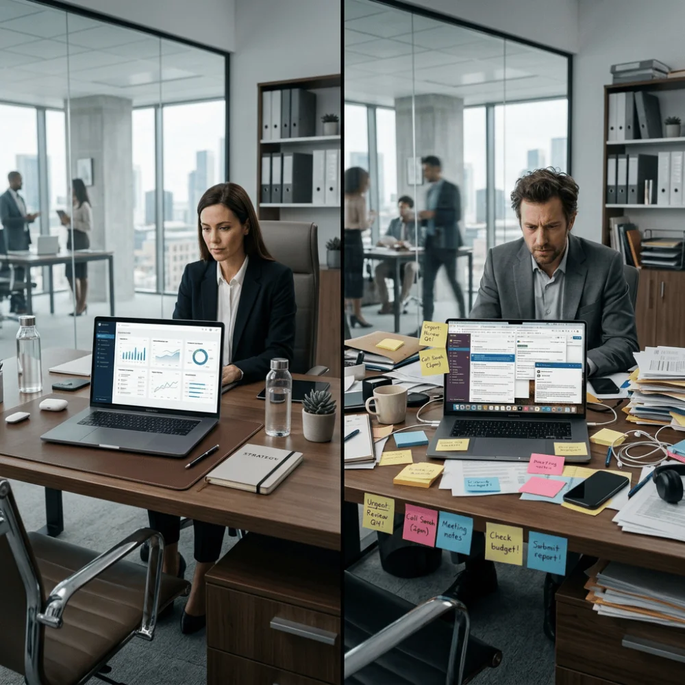 Two office workstations side by side, one organized with labeled folders and the other cluttered, representing structured versus inconsistent processes.