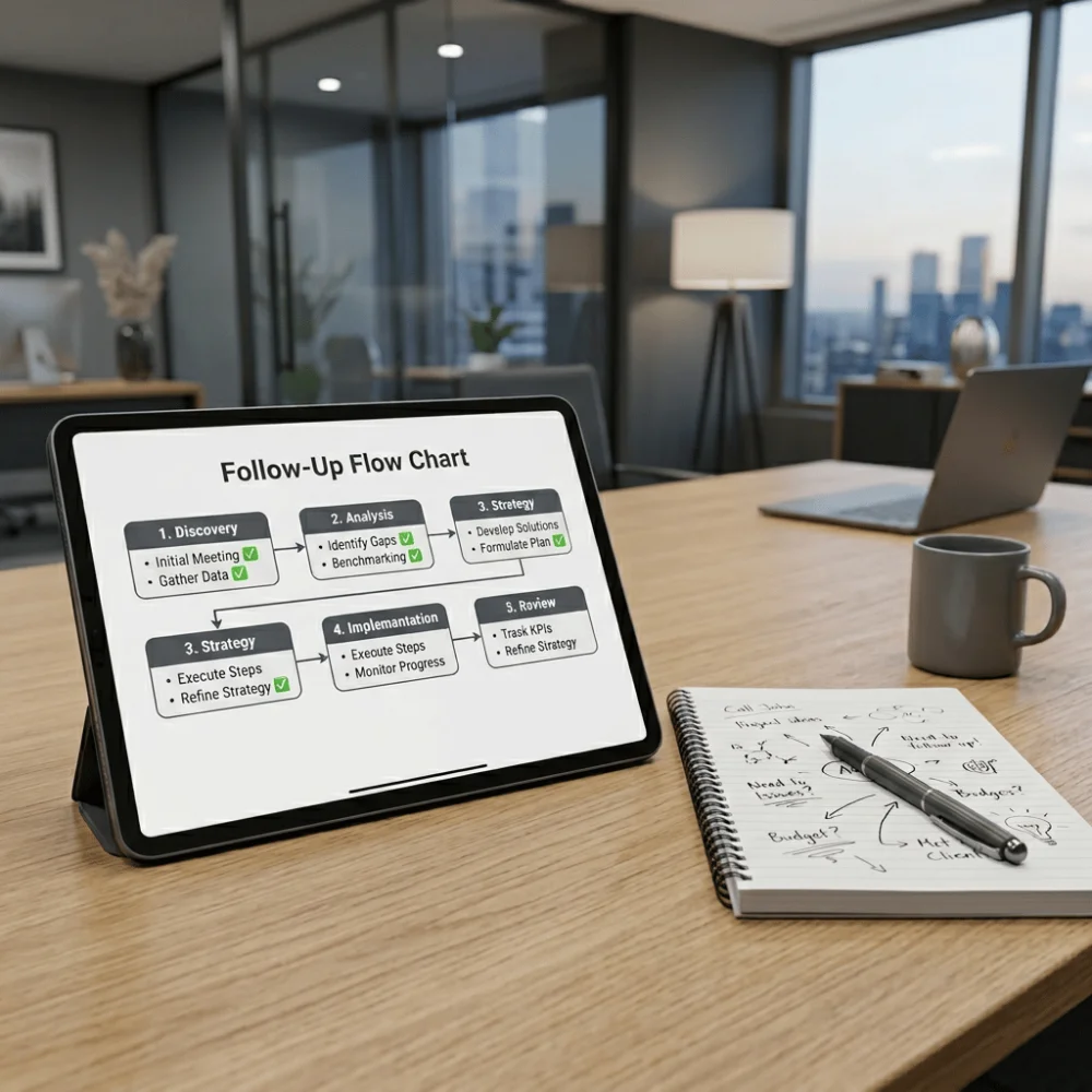 Tablet displaying a structured follow-up flow chart beside a blank notepad on a clean executive desk.