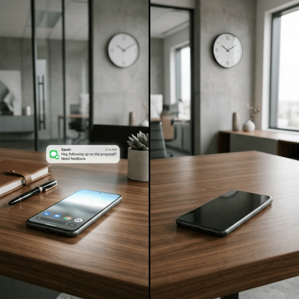 Split view of a smartphone with an instant message notification beside a dim phone screen, symbolizing fast versus delayed response in a professional office.