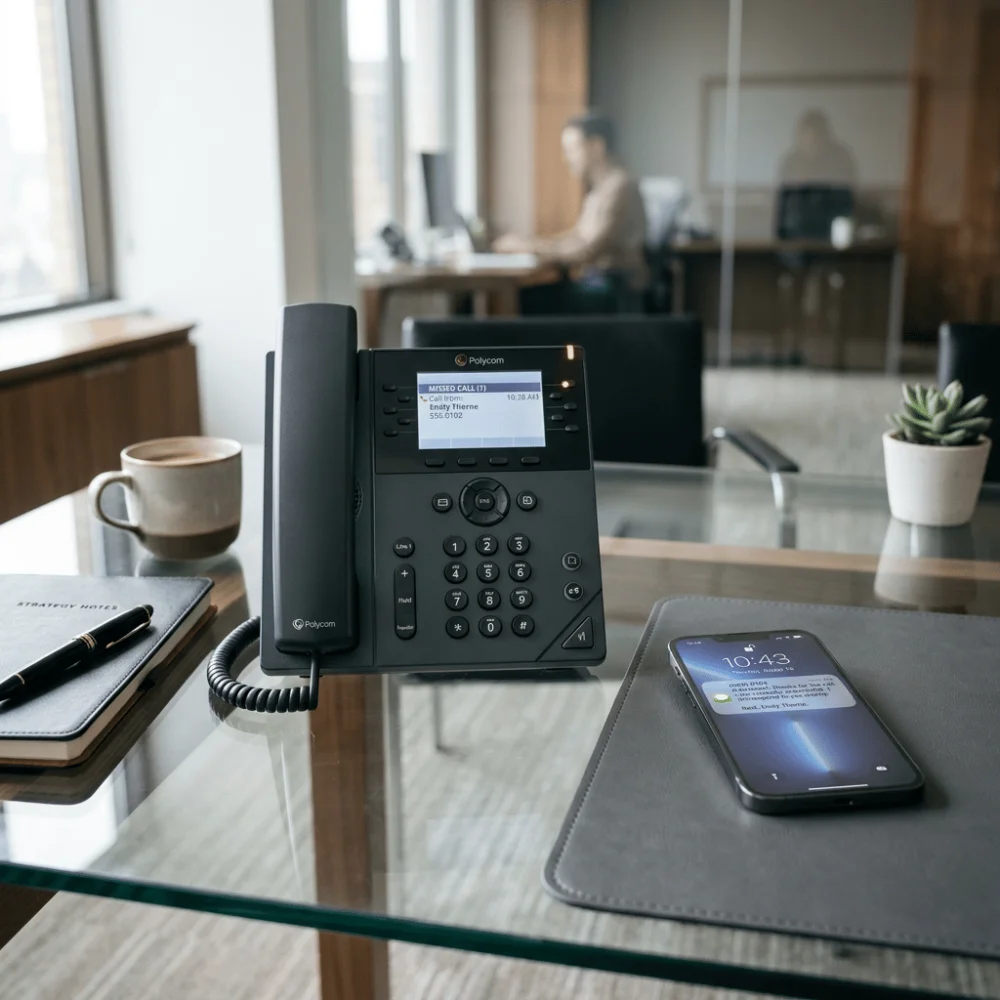 Desk phone showing a missed call next to a smartphone displaying an automated text message in a modern office workspace.
