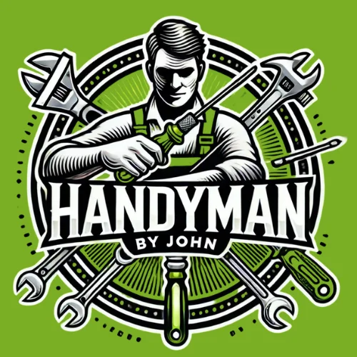 The green and black HandyMan By John logo depicting a handyman with tools needed for home repairs and home remodeling.