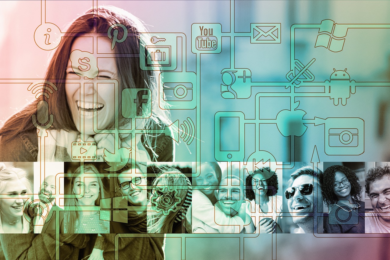 Collage of people with networking symbols and social media icons in transparent overlay