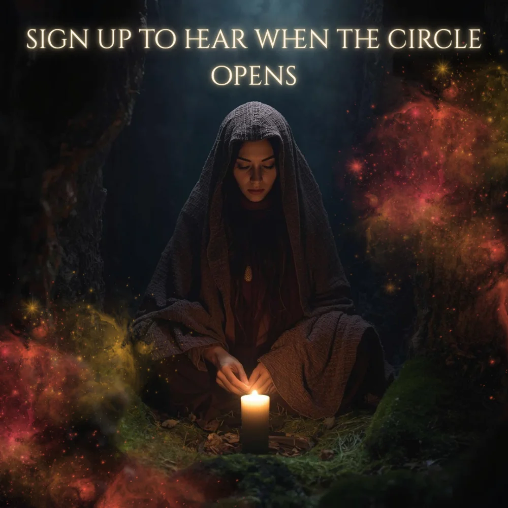 a woman seated near candlelight, wrapped in a shawl or cloak, surrounded by natural textures (moss, stone, wood).