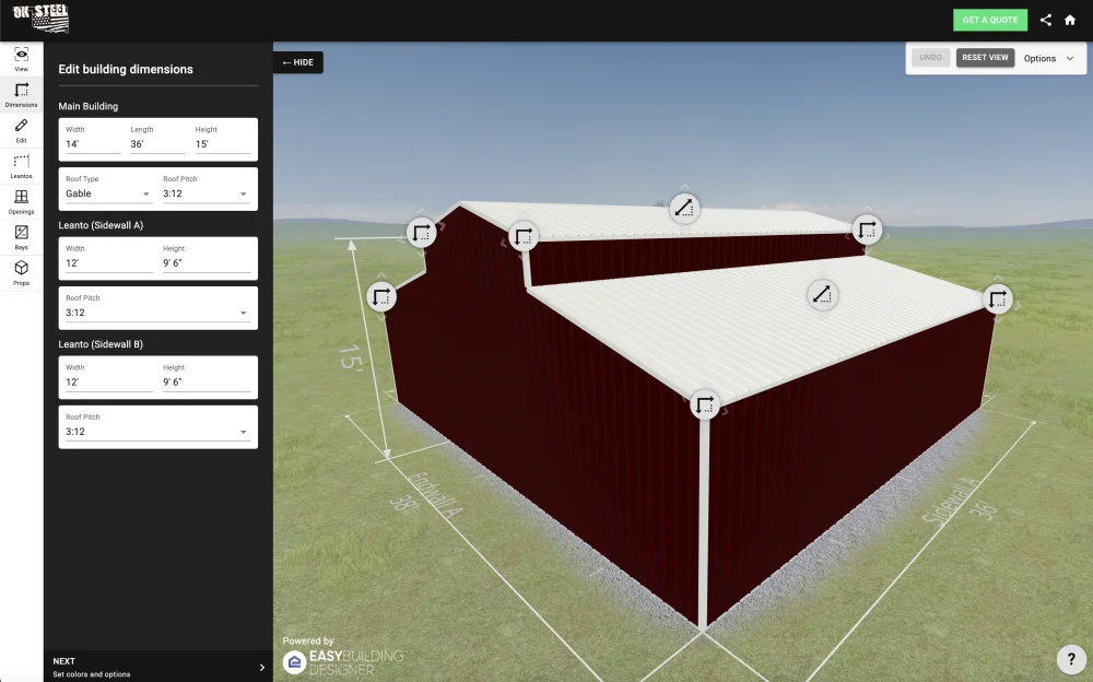 Interactive 3D building designer interface showing a customizable dark red steel barn with lean-tos on both sidewalls, a white roof, and an edit panel with fields for width, length, height, roof type, and pitch