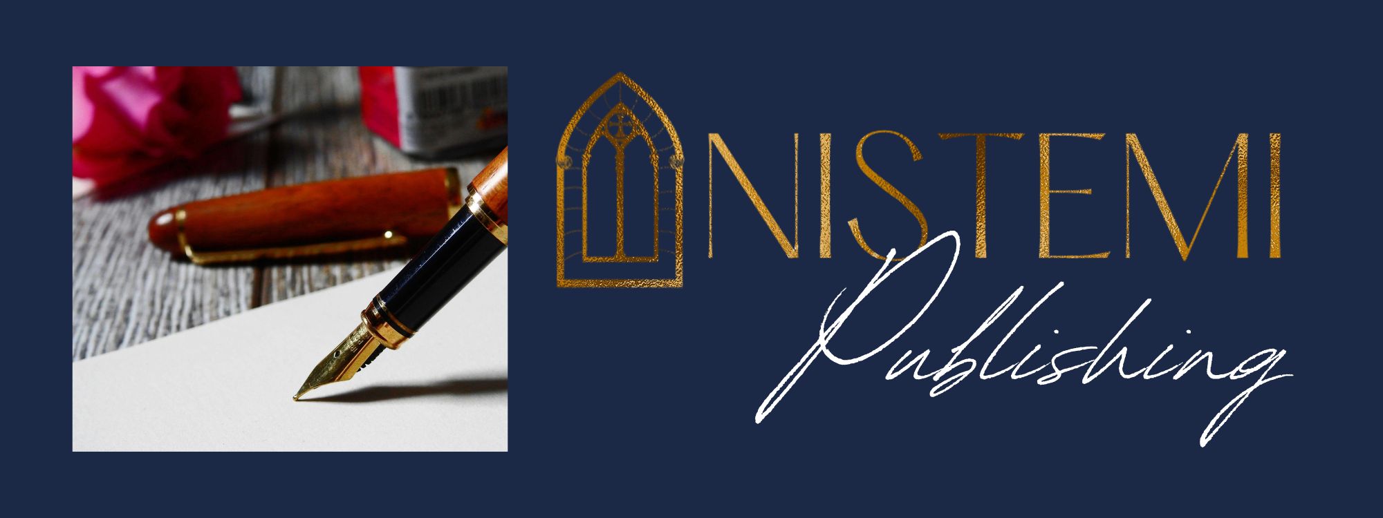 Anistemi Publishing Logo with vintage calligraphy pen and paper