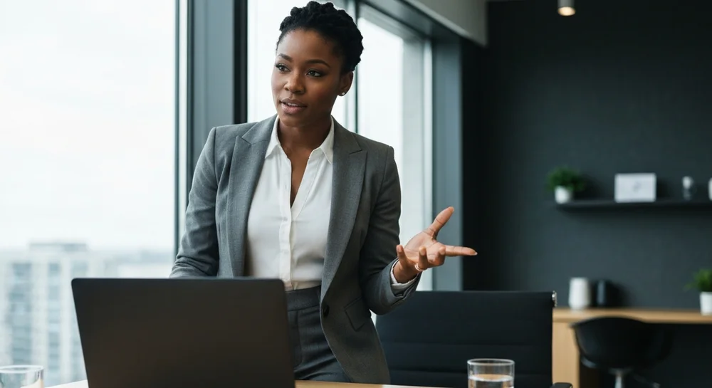 Confident Black woman leading a business strategy meeting