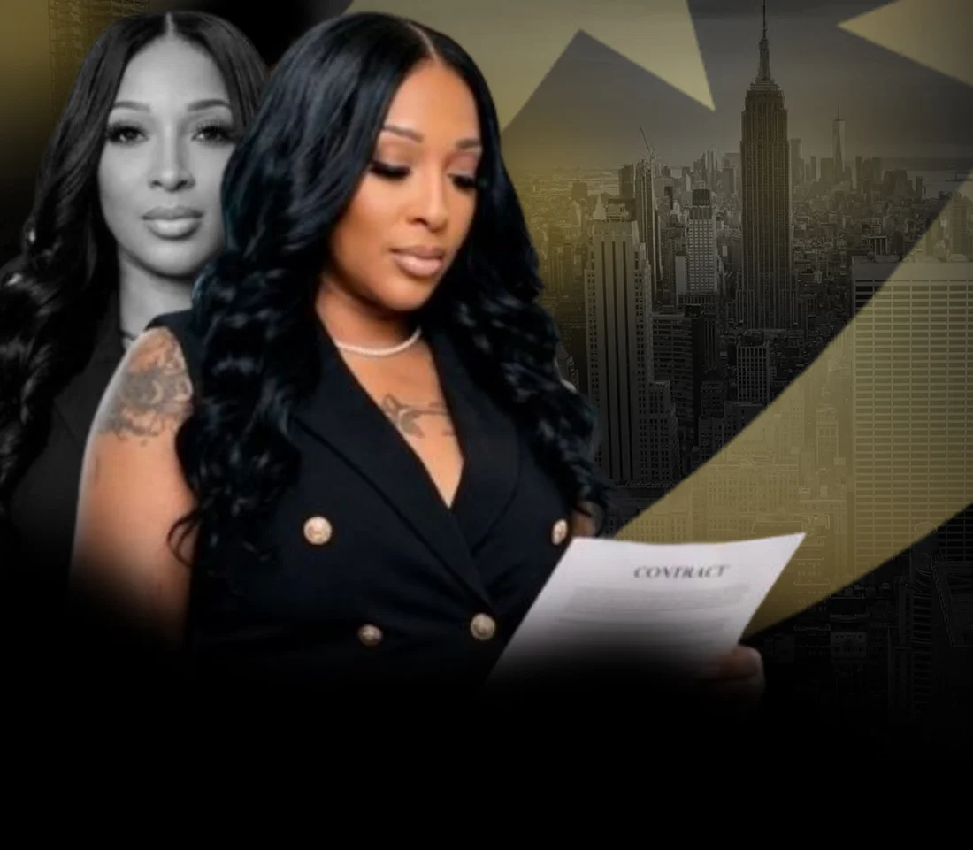 Dr. Tiffany Thrasher reviewing a contract in front of a city skyline