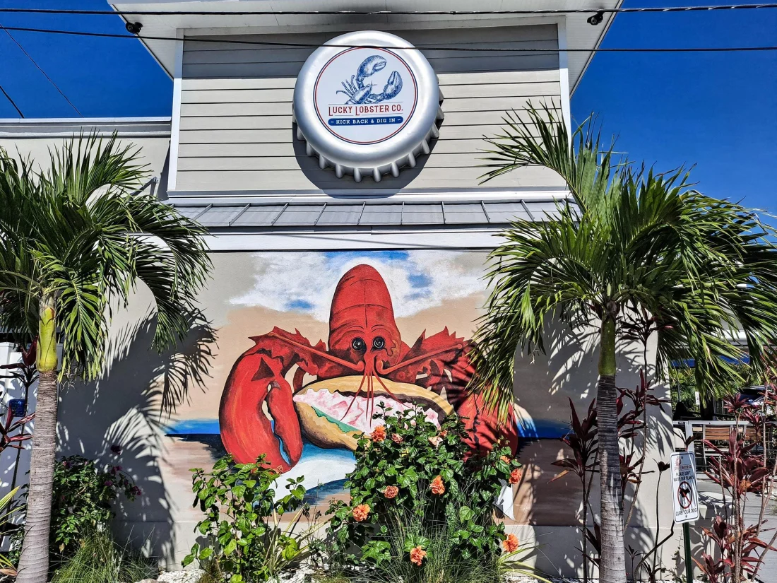 Hand-painted lobster mural at Lucky Lobster Restaurant