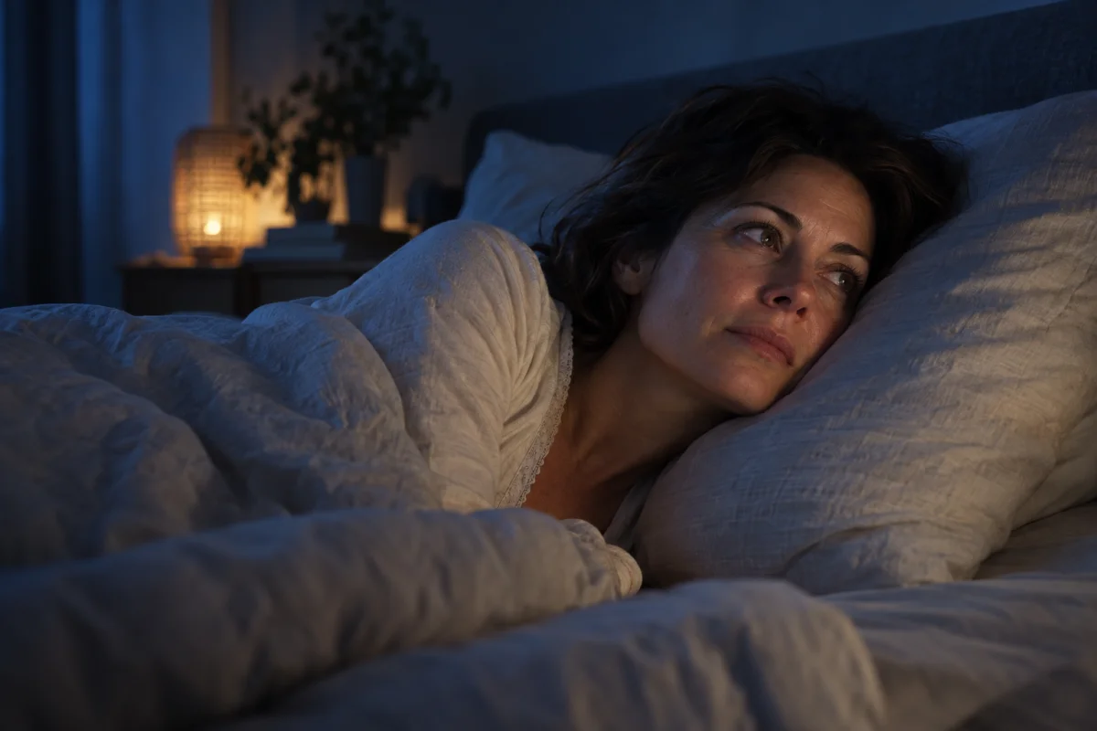 Une femme éveillée dans son lit, la nuit, le regard pensif.