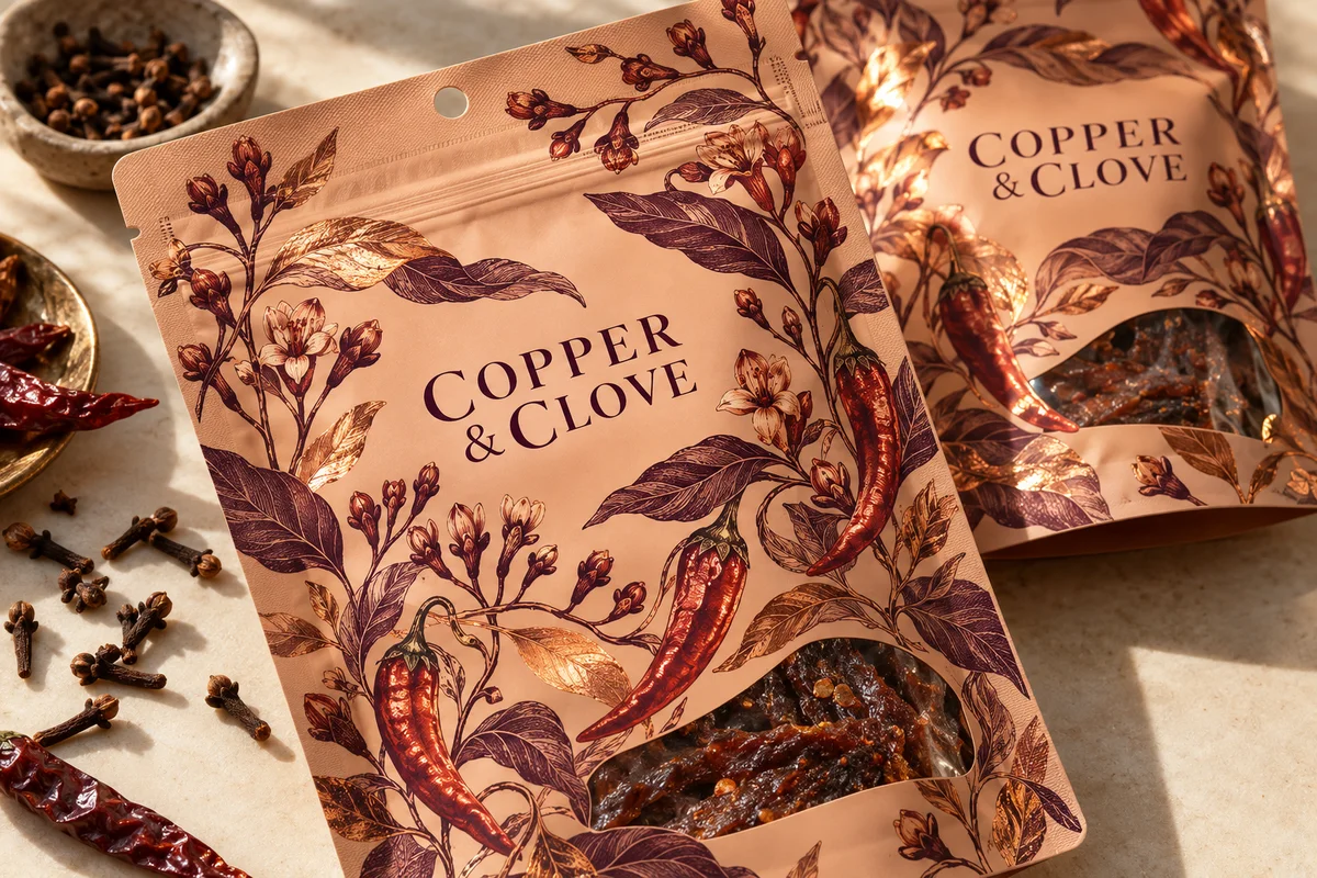 Copper and Clove illustrated jerky pouches showing metallic details, a zipper, hang hole, and clear window