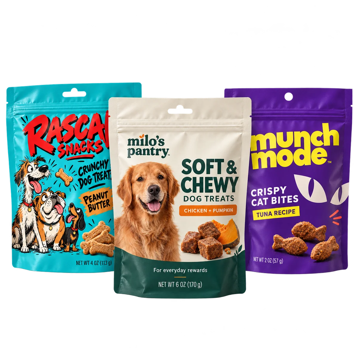 Custom printed pet treat packaging with original brand artwork