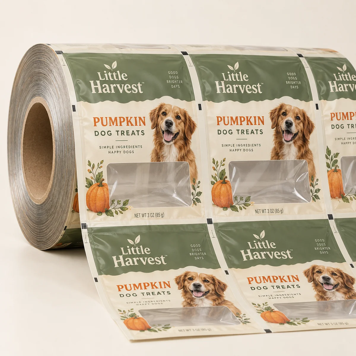 Custom printed pet treat packaging with original brand artwork