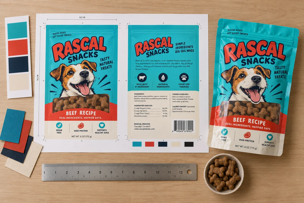 Custom printed pet treat packaging design example