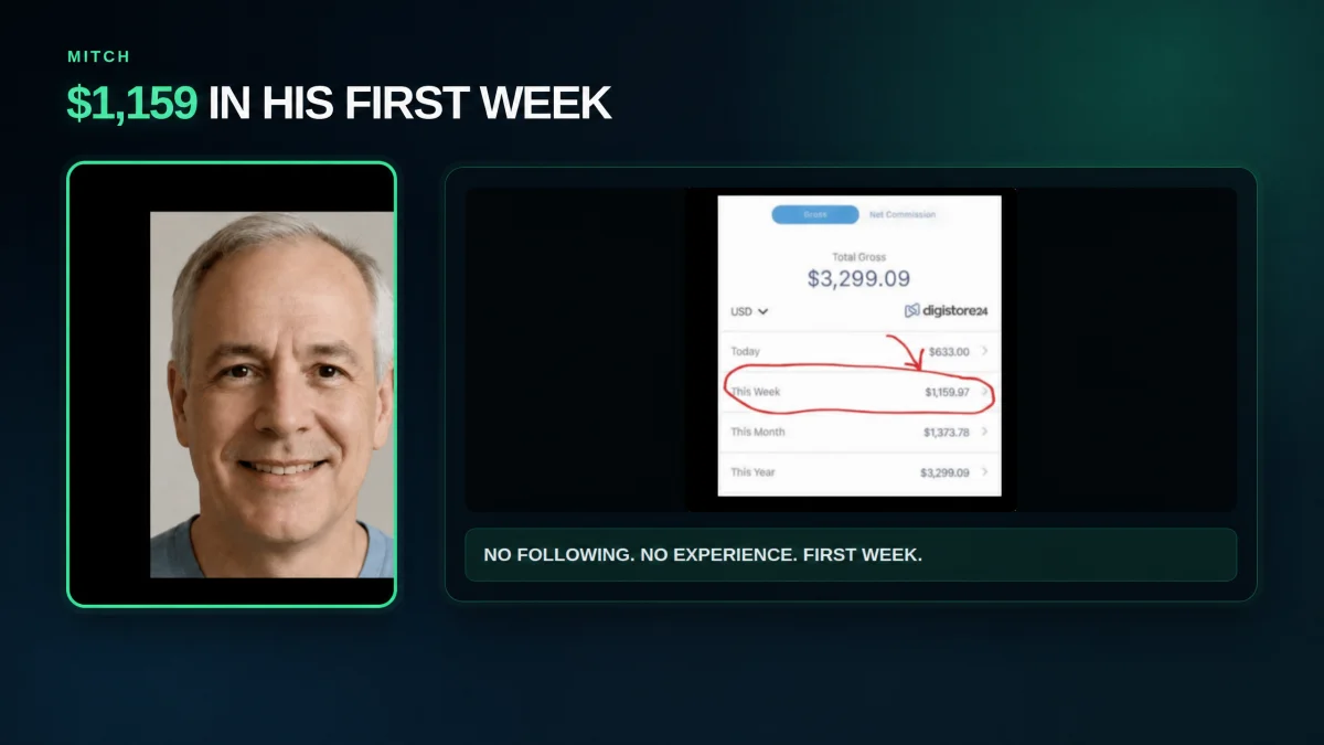 Mitch case study showing 1159 dollars in his first week