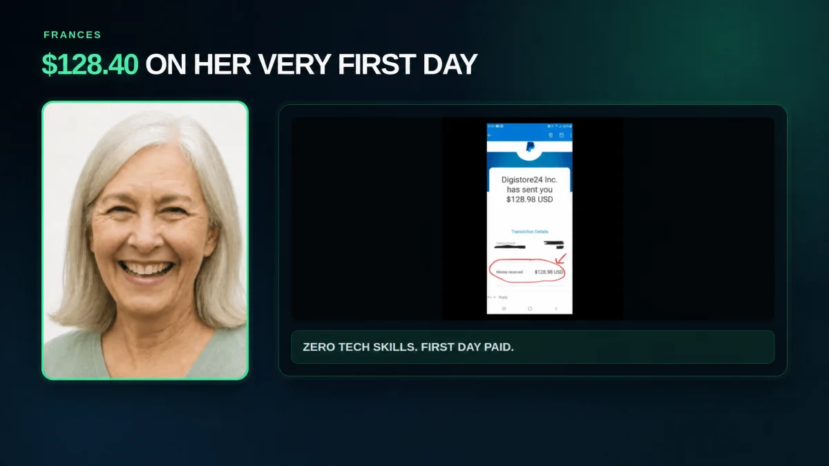 Frances case study showing 128 dollars and 40 cents on her first day