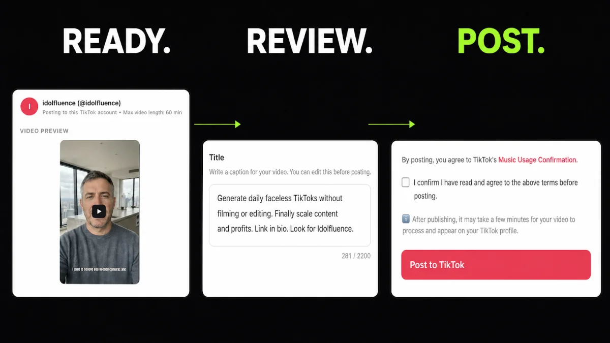 Ready, review, post workflow for each generated video