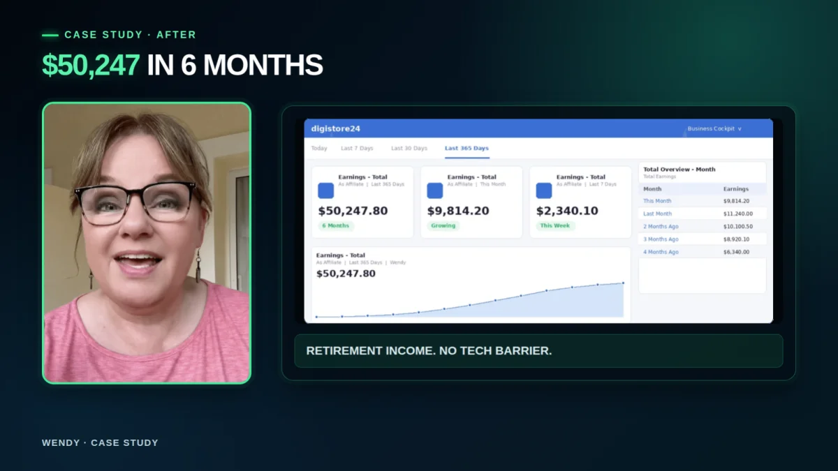 Wendy’s Digistore24 dashboard showing $50,247.80 in total affiliate earnings over six months
