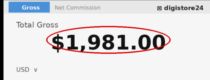 Gladys complete Digistore dashboard proof showing one thousand nine hundred eighty-one dollars