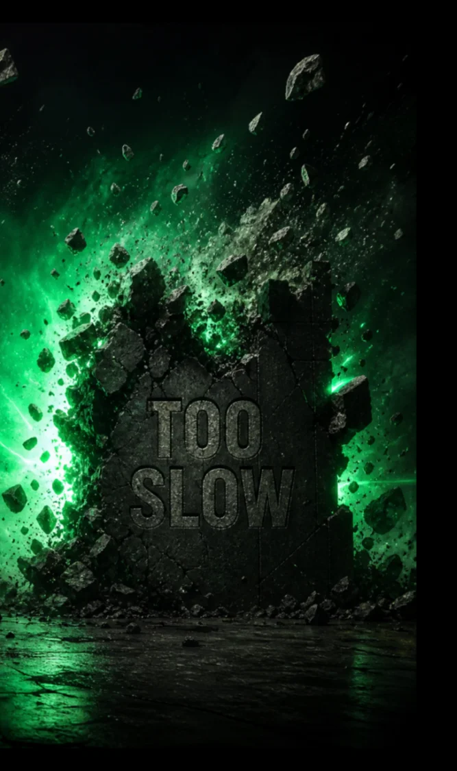 Full Too Slow stone roadblock exploding into green energy