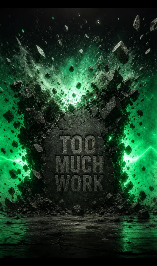Full Too Much Work stone roadblock exploding into green energy