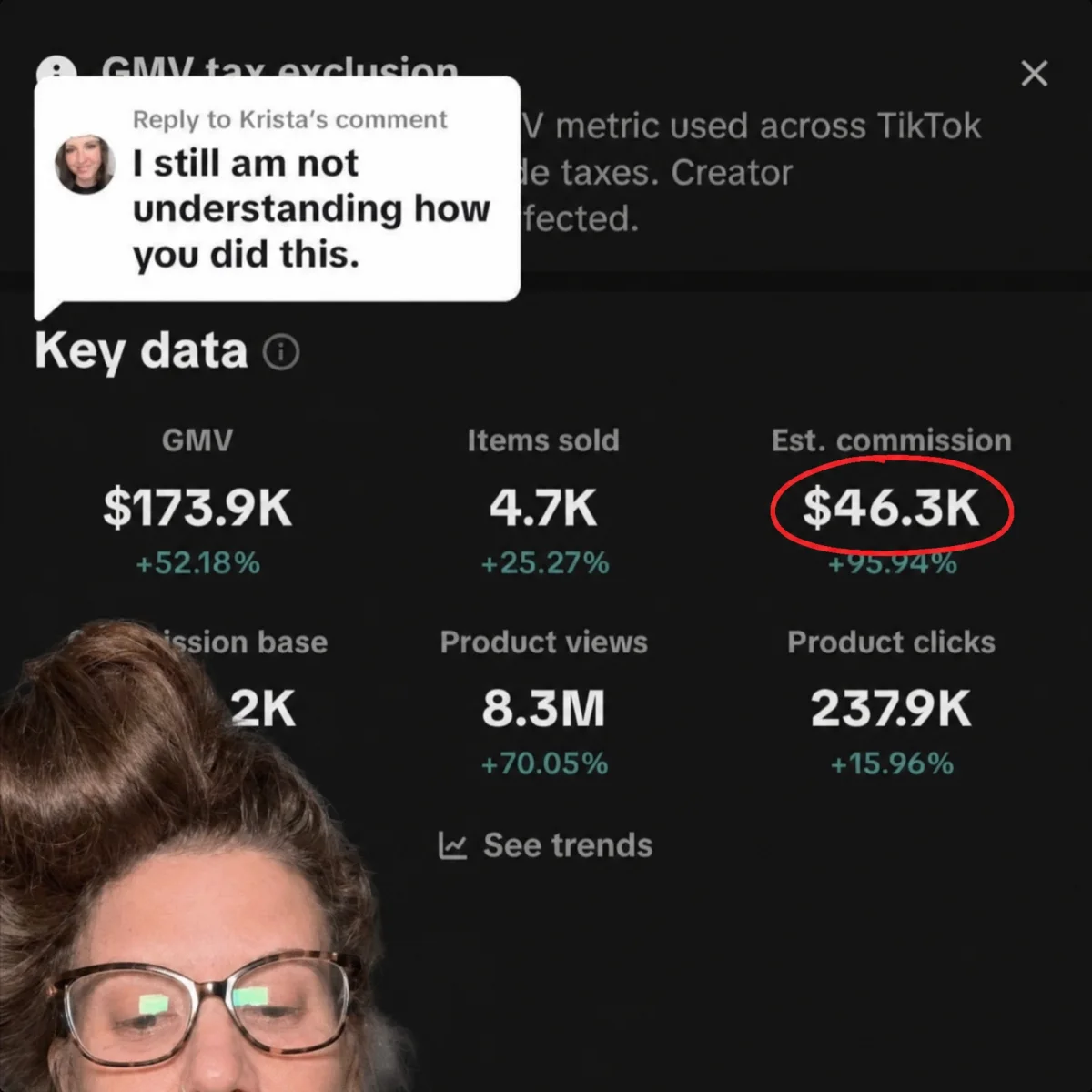 Member result proof showing a highlighted $46.3K estimated commission