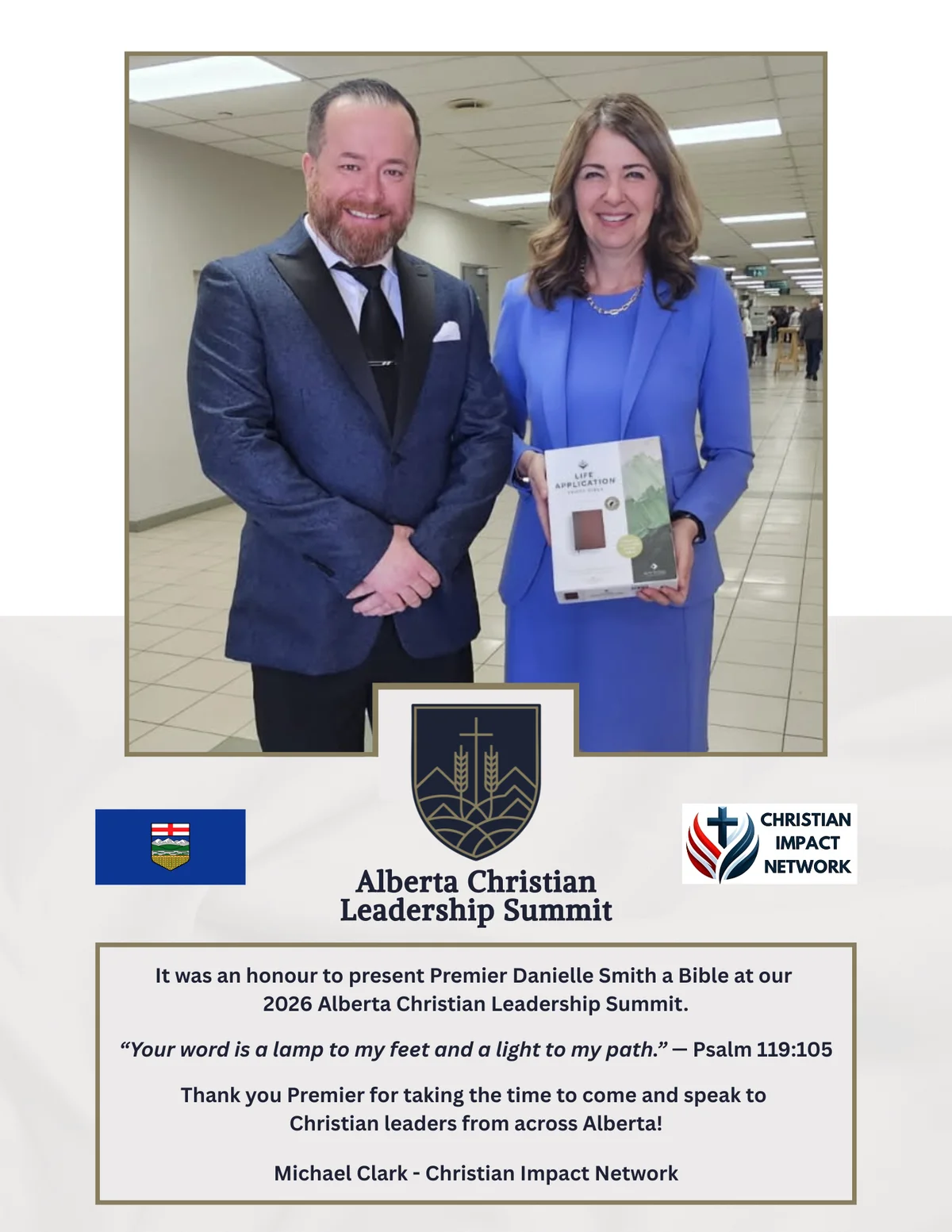 Michael Clark presenting a Bible to Premier Danielle Smith at the 2026 Alberta Christian Leadership Summit