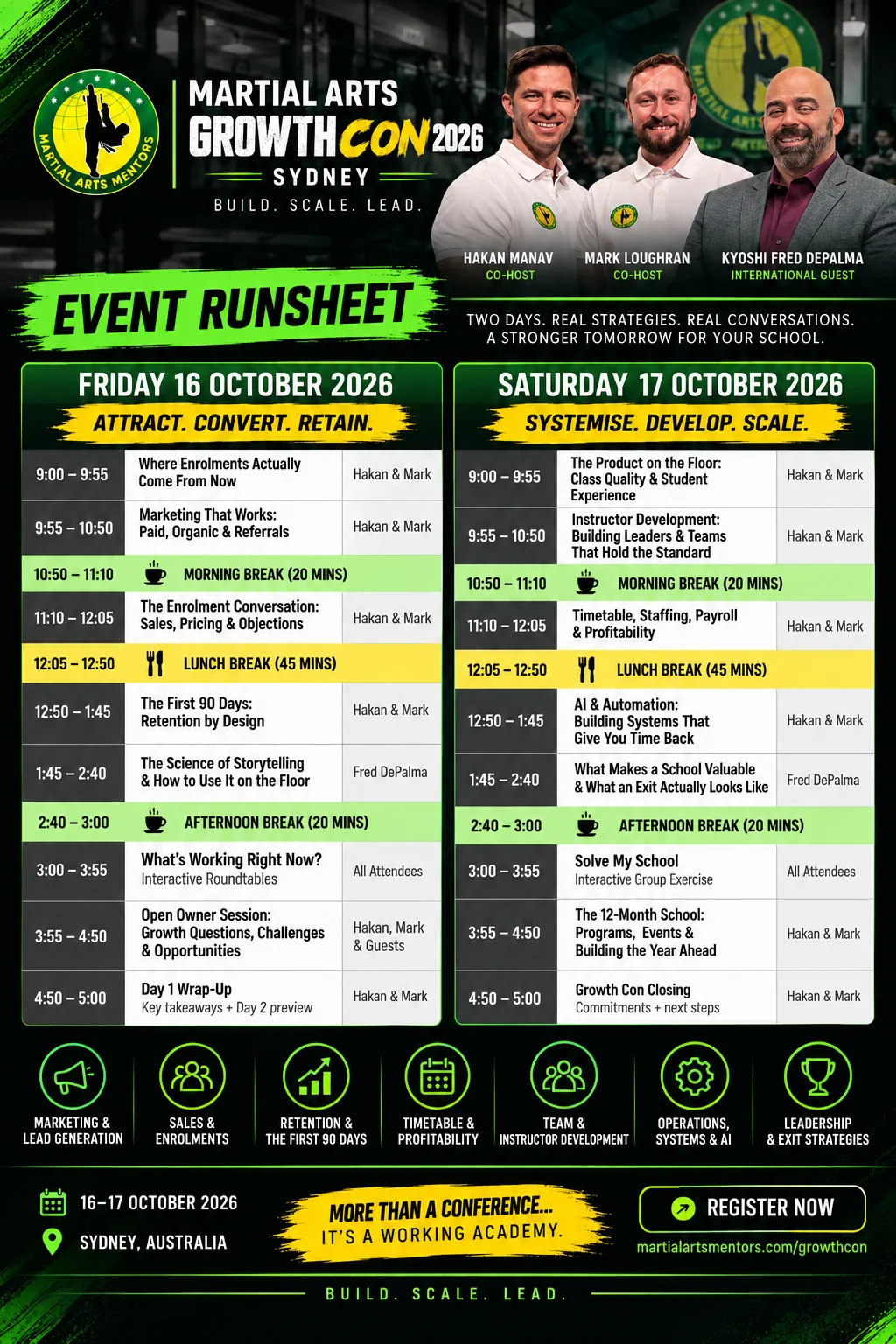 Martial Arts Growth Con 2026 event runsheet — Friday 16 and Saturday 17 October