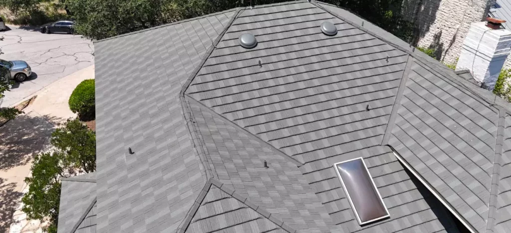 A shingle roof shown in Miller Storm’s roofing photography