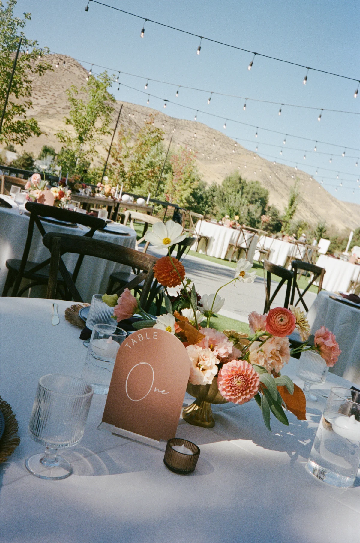 Peach-colored flowers and glassware at an outdoor reception table