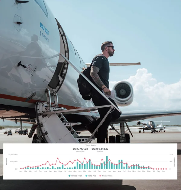 Drewbie Wilson boarding a plane, with a sales results chart
