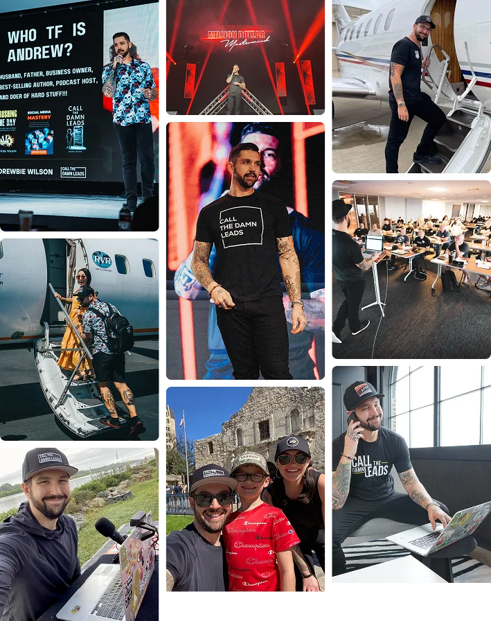 Drewbie Wilson on stage, with his family, and with clients