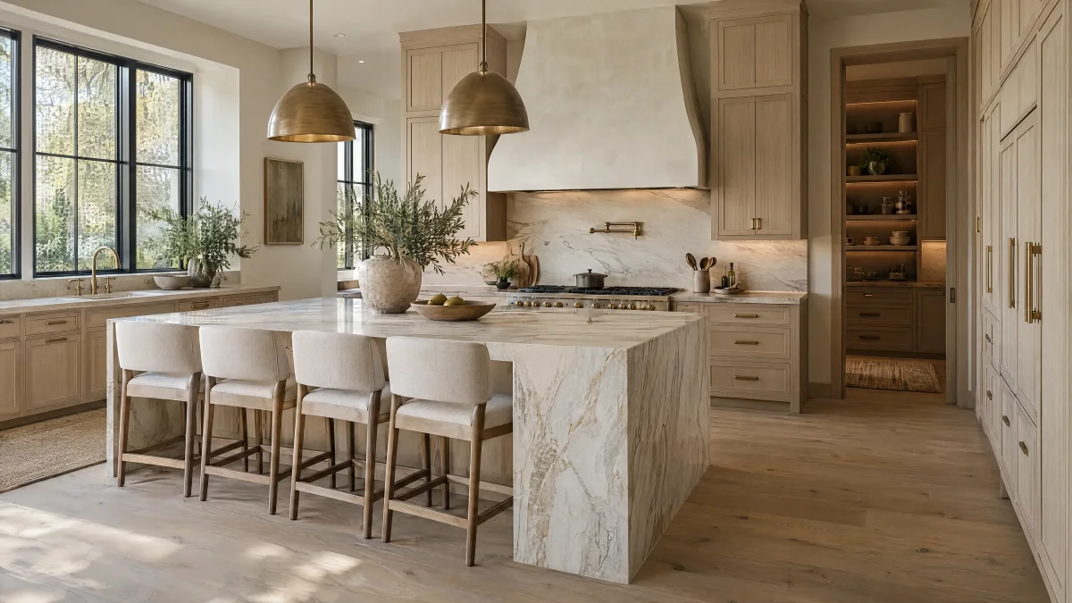 Pale oak kitchen cabinetry, a veined stone island and brass pendant lights.