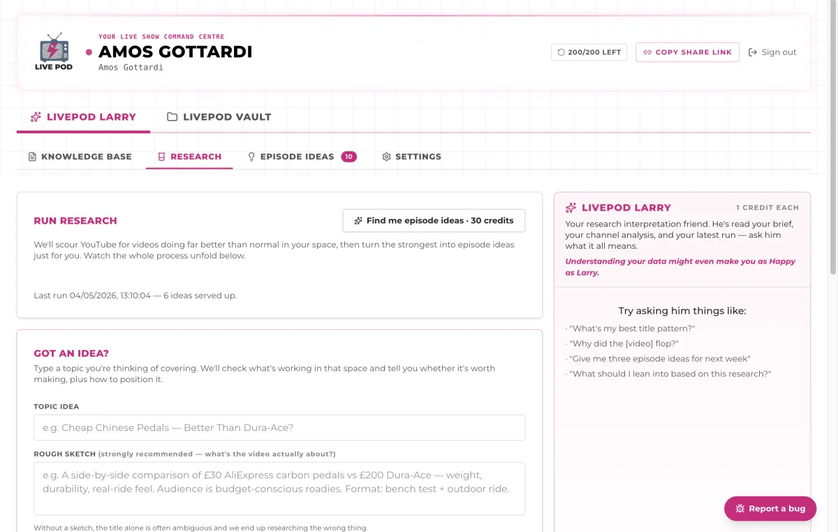 LivePod Larry dashboard — episode research interface