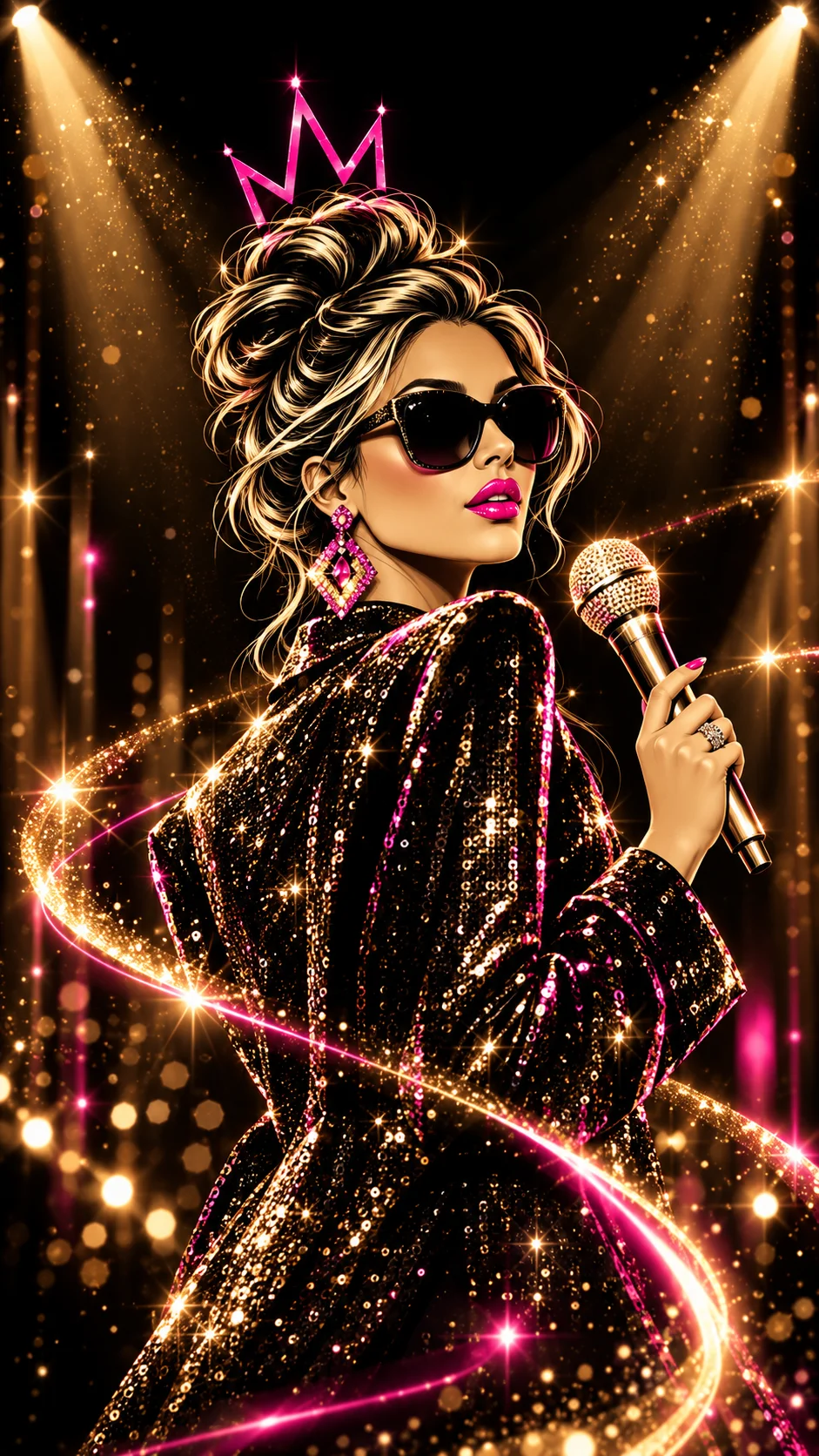 Sparkle Party illustration of a woman holding a microphone, with a pink crown and gold sparkles