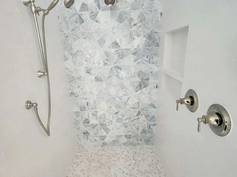 Walk-in shower with crystalline mosaic accent wall and recessed niche