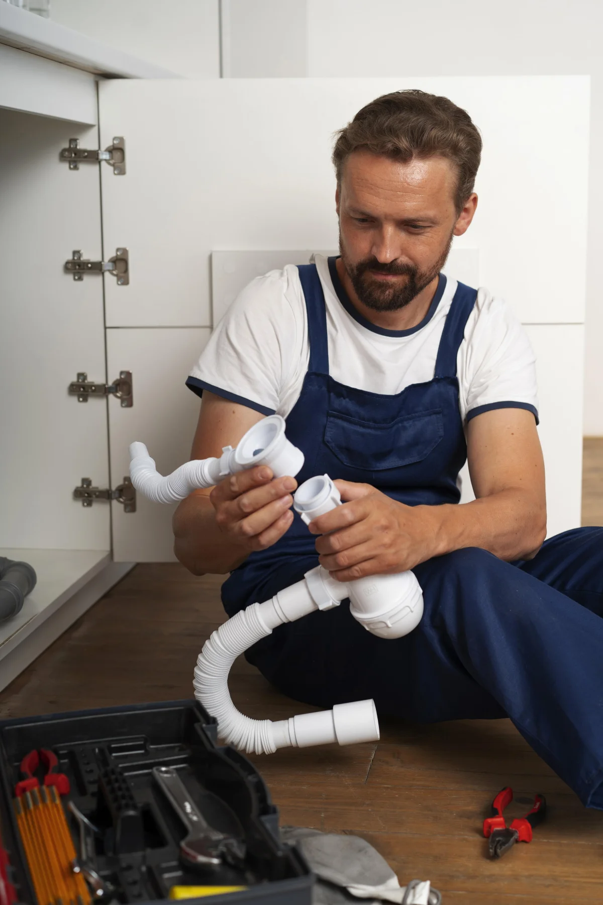Plumber actively clearing a drain line under a kitchen sink
