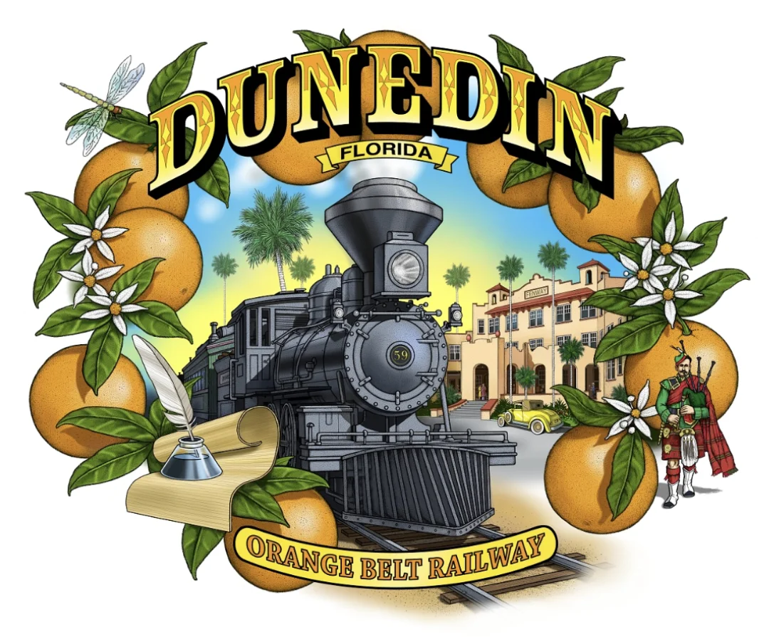 Hand-lettered Dunedin Florida sign painted with citrus artwork