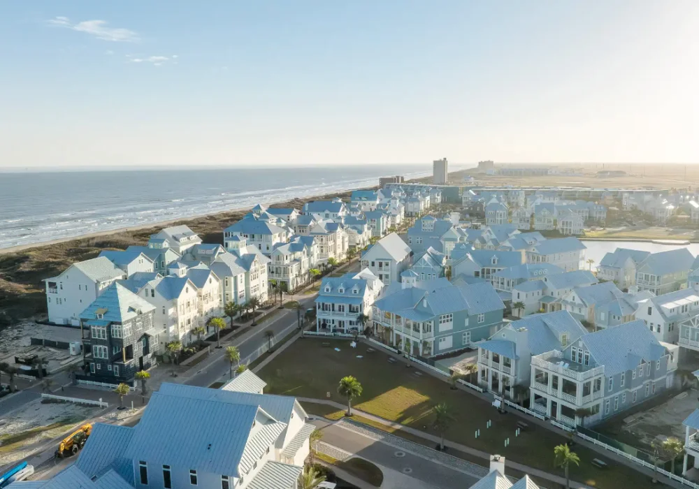 Aerial view of beach homes along the Gulf on the Texas coast