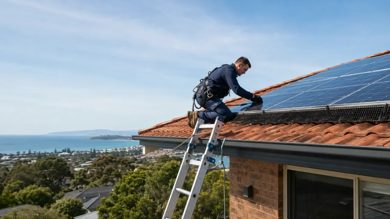 Solar panel bird proofing mesh installation in Wollongong NSW