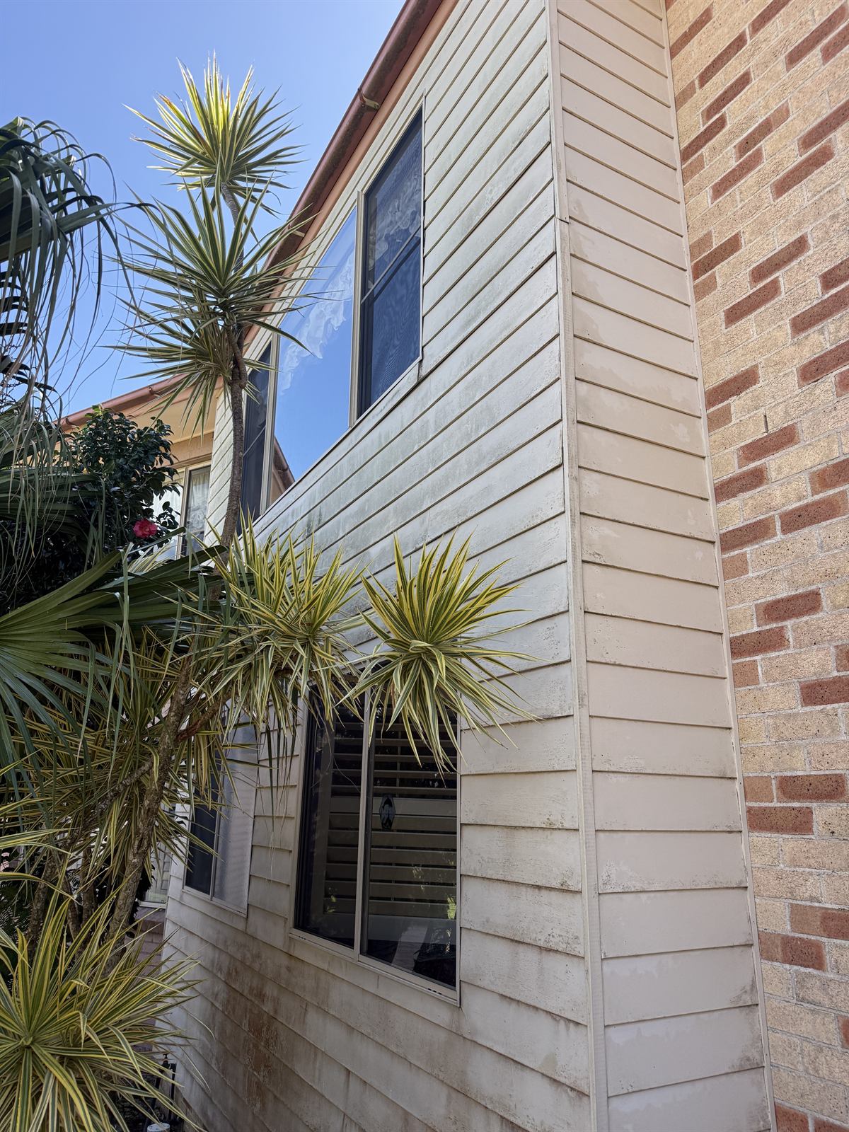Exterior cladding before washing, showing visible dirt and staining