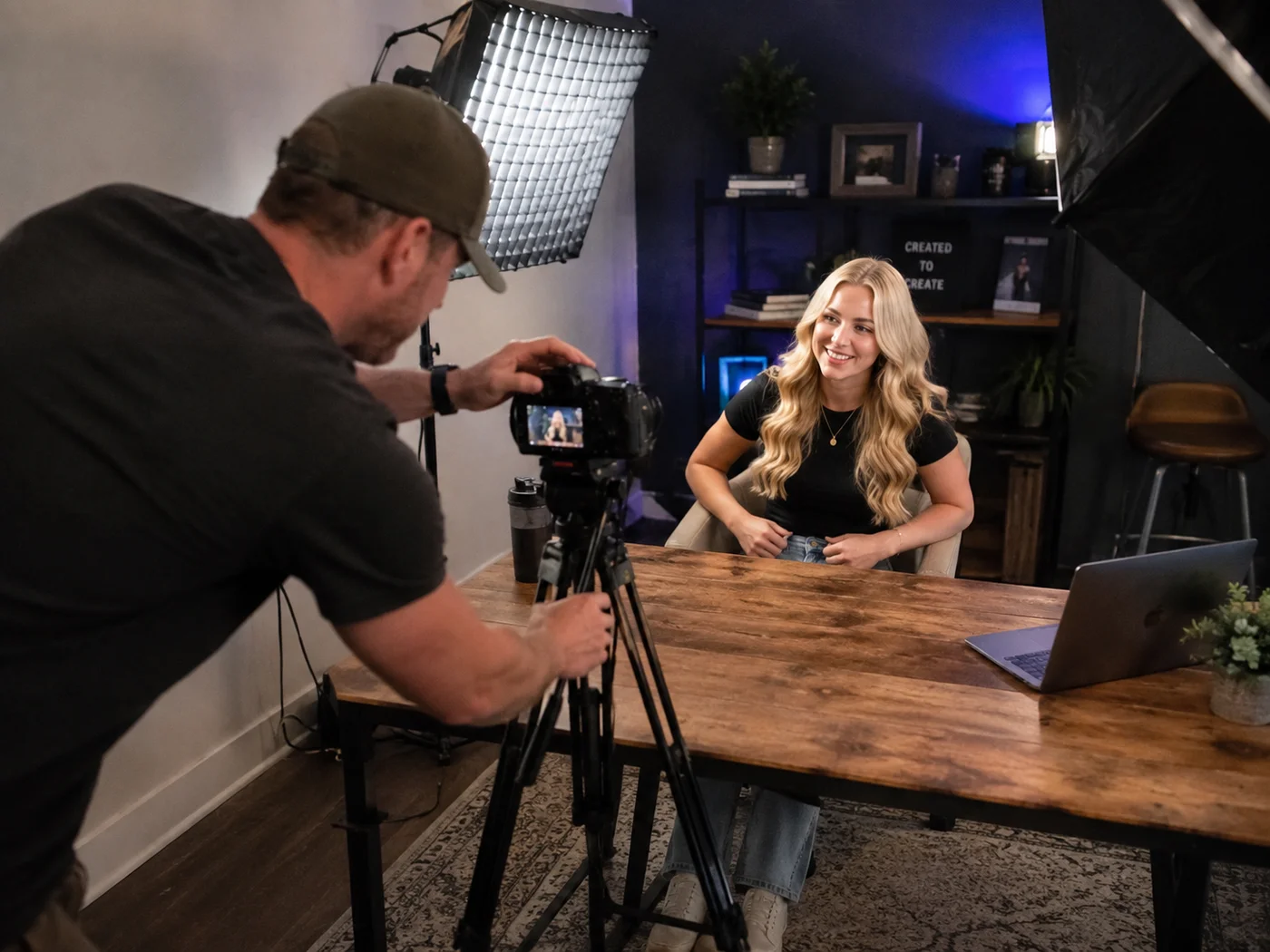Camera operator filming an instructor at a desk with professional lighting