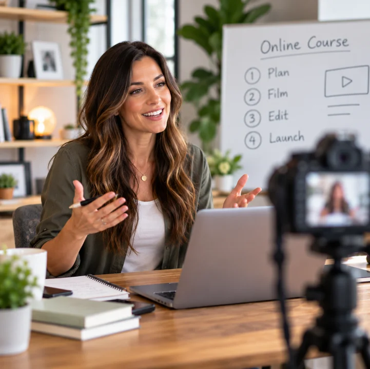 Instructor explaining a course plan beside a whiteboard and recording camera
