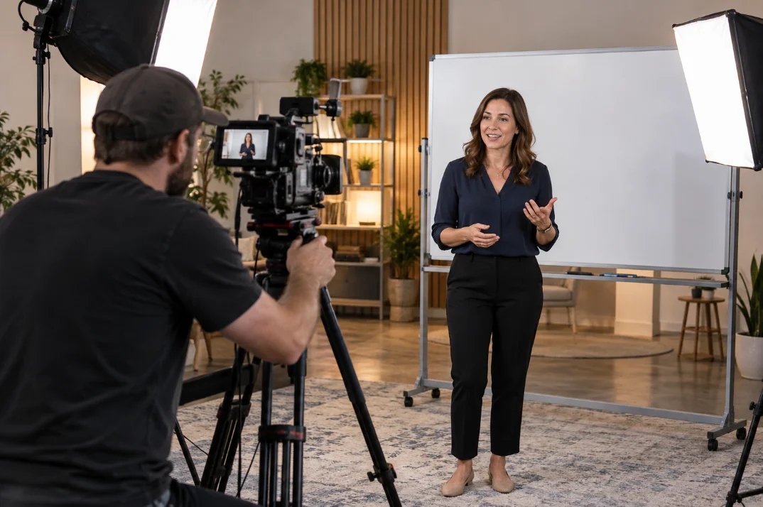 Camera operator recording an instructor standing beside a whiteboard