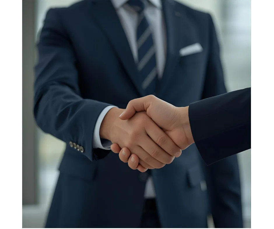 A Justice For All advocate shaking hands with a client