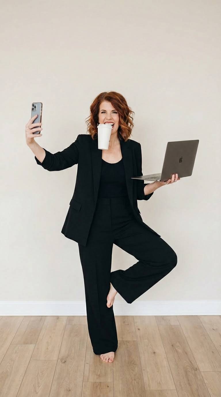 Laurel Beard with her phone, coffee and laptop