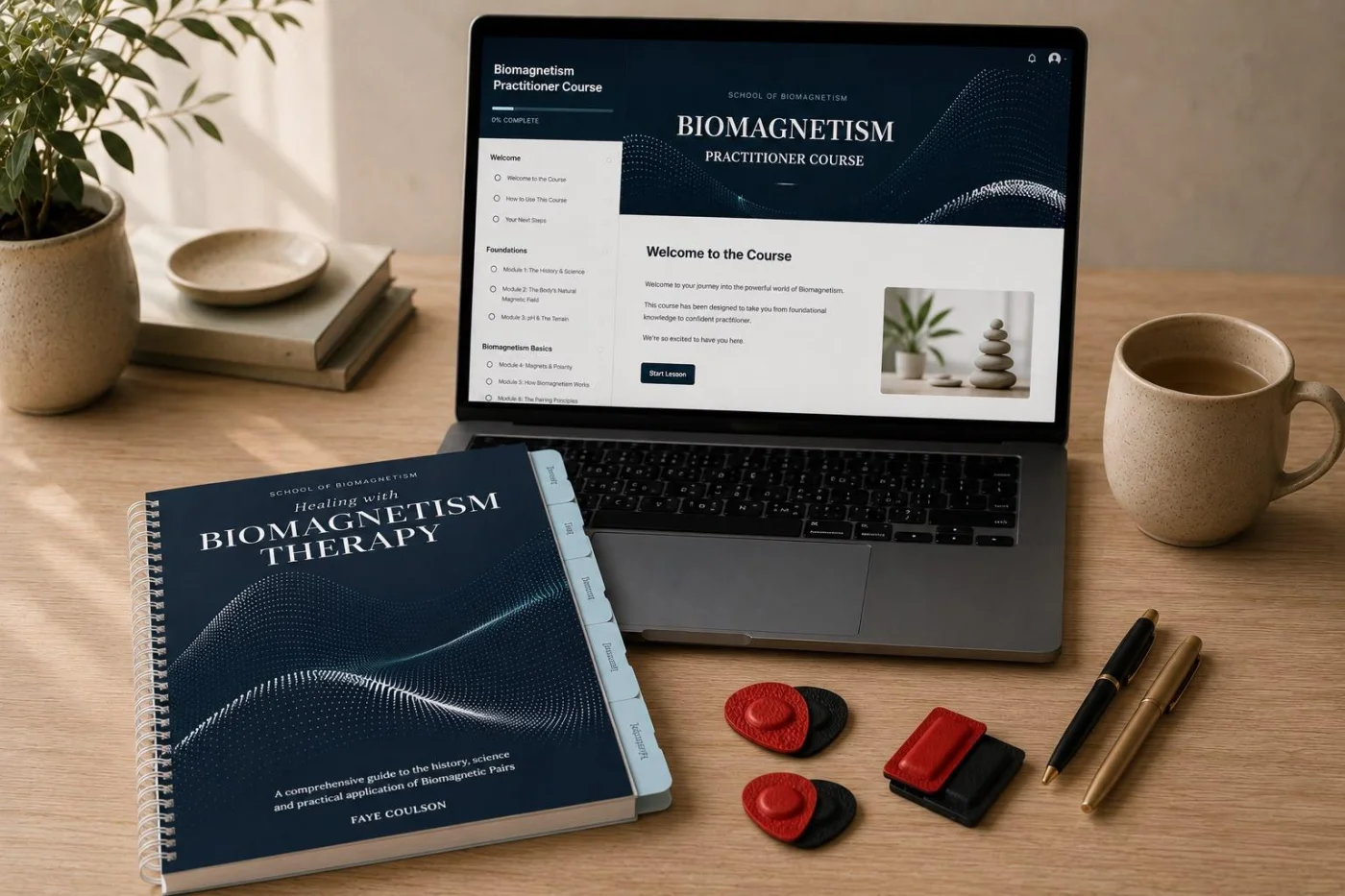 The Biomagnetism Practitioner Course open on a laptop, with the course manual and magnet pairs on the desk