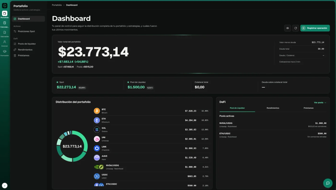 Panel de Expansión Tools: valor total del portafolio, distribución por activo y pools DeFi activas
