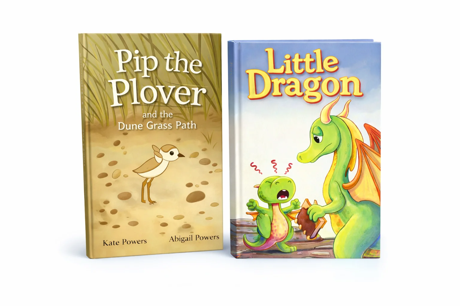 Pip the Plover and the Dune Grass Path and the Little Dragon book, side by side