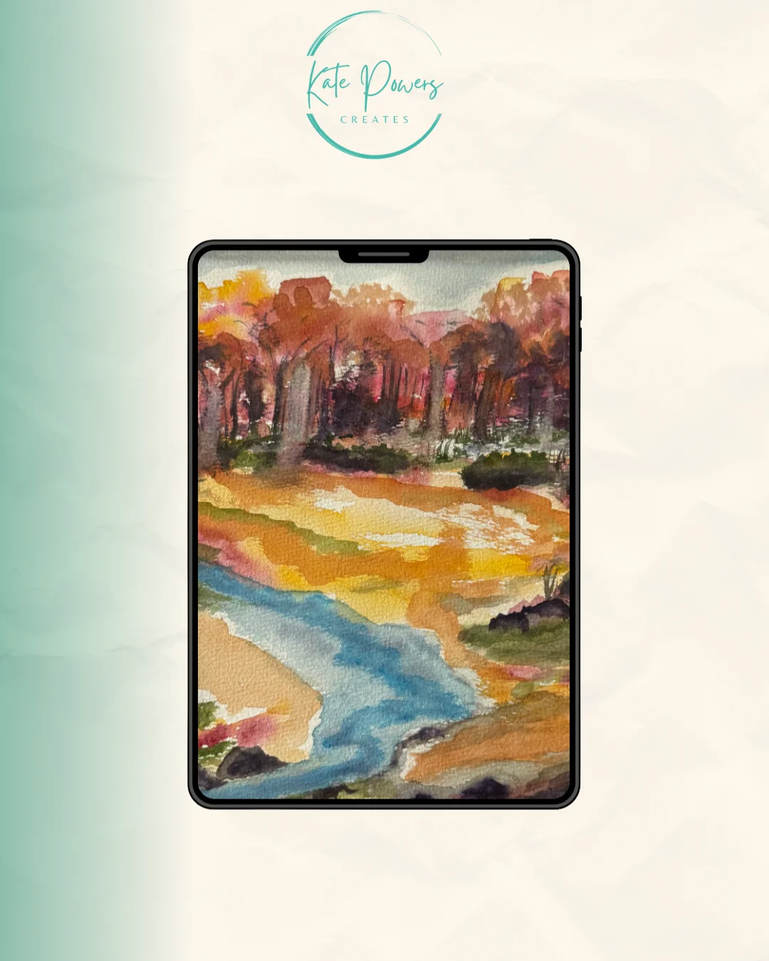 One of Kate's autumn river watercolours shown on a tablet